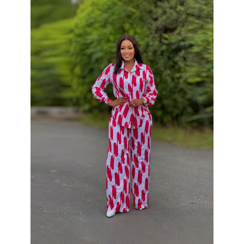 Cross-border Foreign Trade Independent Station Printed Loose Long-sleeved Shirt Cardigan Trousers Fashion Casual Two-piece Women's Clothing