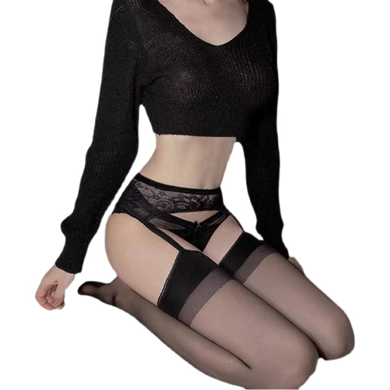 Sexy Lace Suspender Sexy Take-off Stockings Ultra-thin Temptation Hollow-out Black Tip Transparent Open Crotch Fun Socks