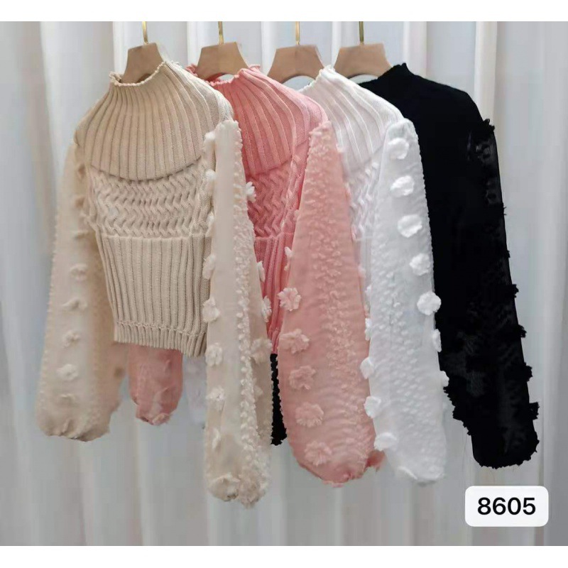 Picture of Super Fairy Puff Sleeve Mesh Splicing Round Neck Tight Slimming Short Sweater Petite Sweater