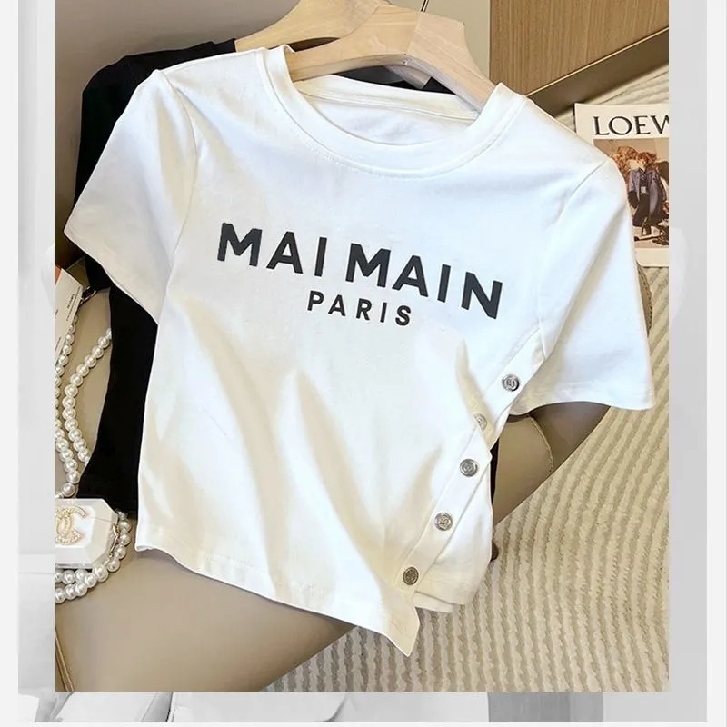 Asymmetric Side Button English Letter Print T-shirt 2024 Summer New Irregular Short Top for Women