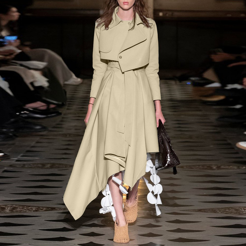 Niche British style khaki irregular skirt design trench coat coat women 2024 new long coat