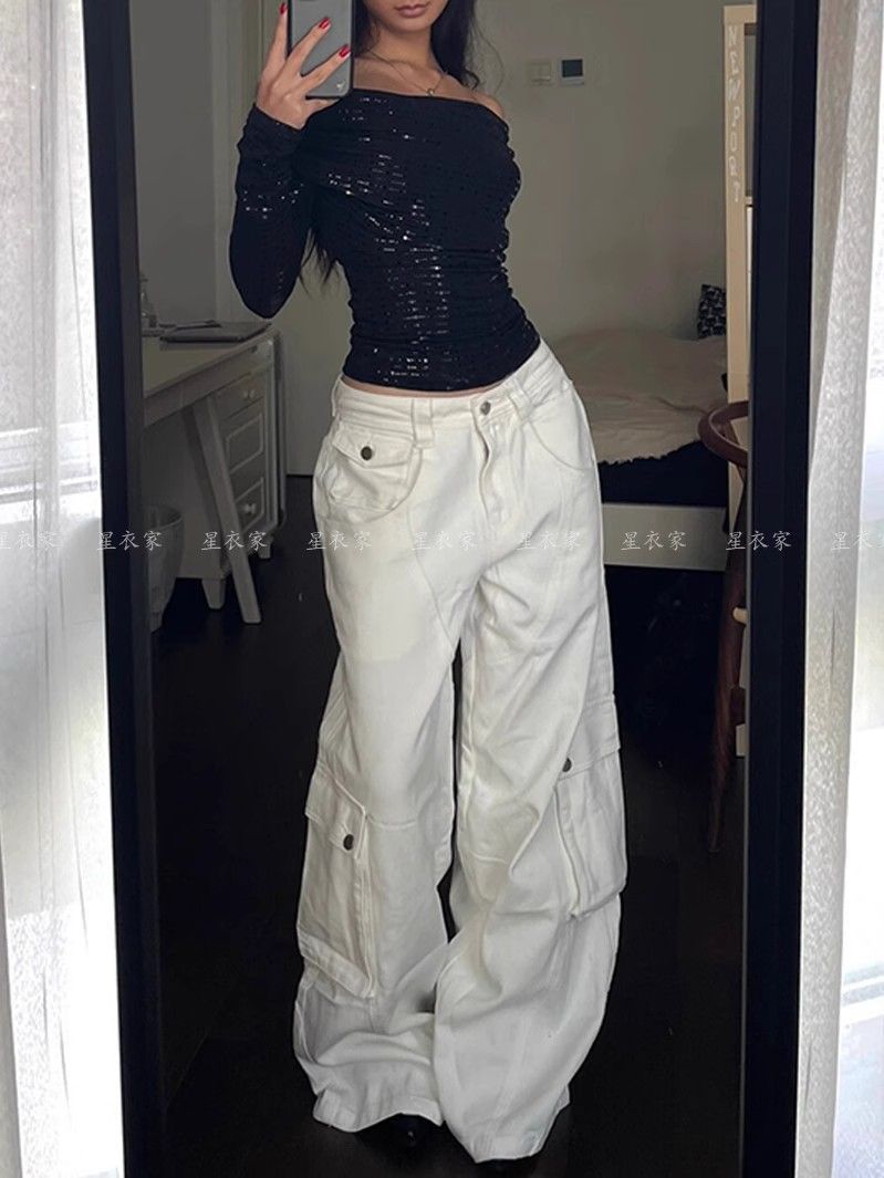 American Style Heavy Industry Design White Tooling Jeans Women's Spring and Autumn High Waist Straight Slimming Thin Loose Wide Leg Pants