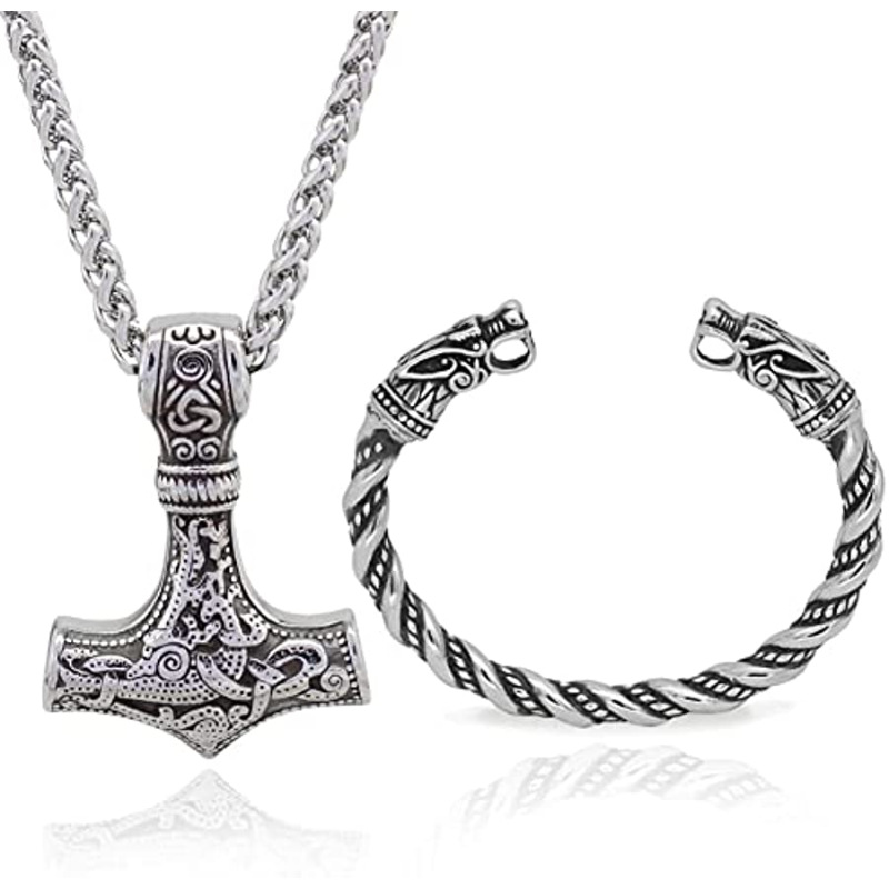 Picture of European and American Cross-border Explosions Viking Retro Rune Hammer Necklace Wolf Head Bracelet Viking suit Jewelry Accessories Wholesale