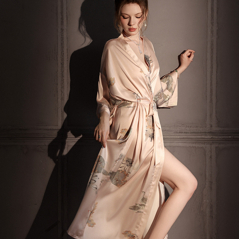 Summer New Arrival Printed Nightgown Satin Pajamas Women's plus size Light Luxury Seven-point Sleeve Ice Silk Nightgown Bathrobe Home Clothes Women