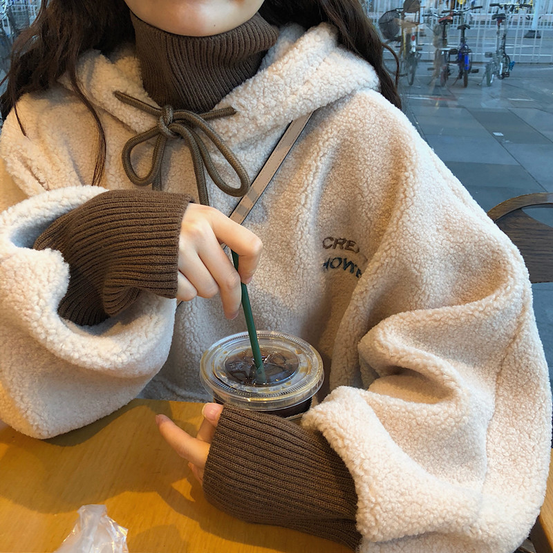 Lamb Velvet Ins Letter Printed Pullover Hooded Sweatshirt for Women Autumn and Winter New Loose Korean Style Student Top Jacket