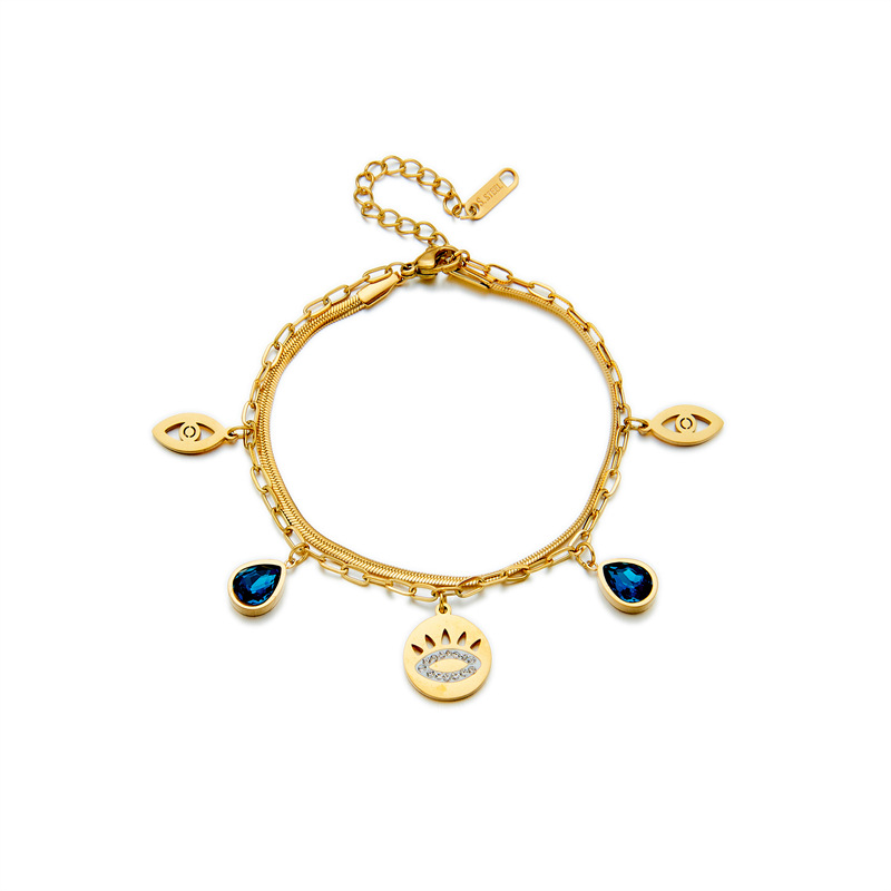Picture of European and American Cross-Border Fashion Simple Metal Titanium Steel Retro Blue Diamond Water Drop Hollow Eye Double-Layer Chain Bracelet