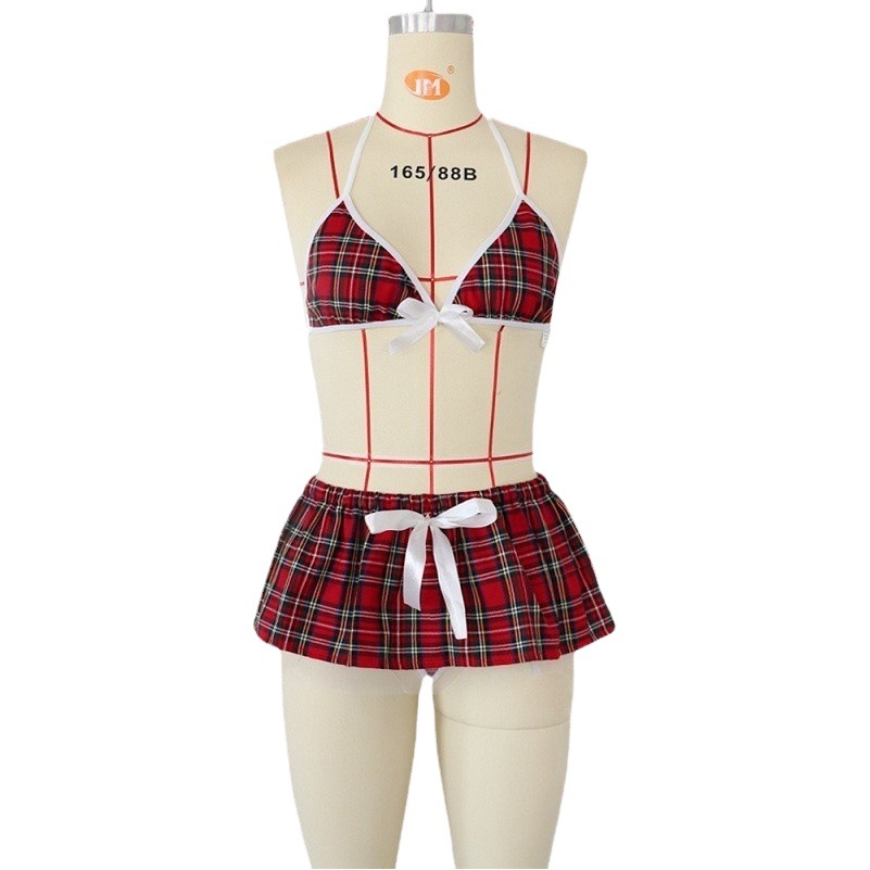 Sexy Underwear Women's European and American Foreign Trade Plaid Sexy Three-point Backless Lace-up Uniform Set Wholesale 1799