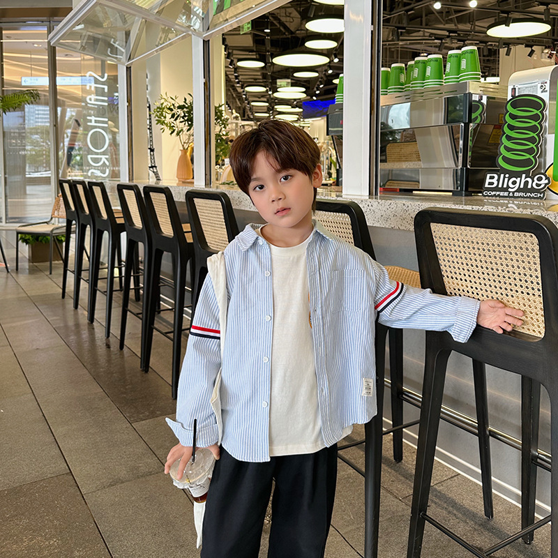 Picture of Tong Chenchen Mom Men's Children's Clothing Western Style Hong Kong Style Temperament Children's Shirt College Style Long Sleeve Shirt Top Striped Tide TB