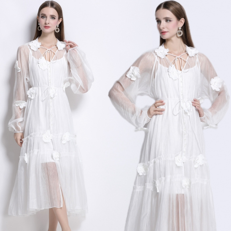 2025 New High-end French Style Heavy Industry Three-dimensional Flower Embroidered Lace-up Long Dress Beach Dress with dress Strap