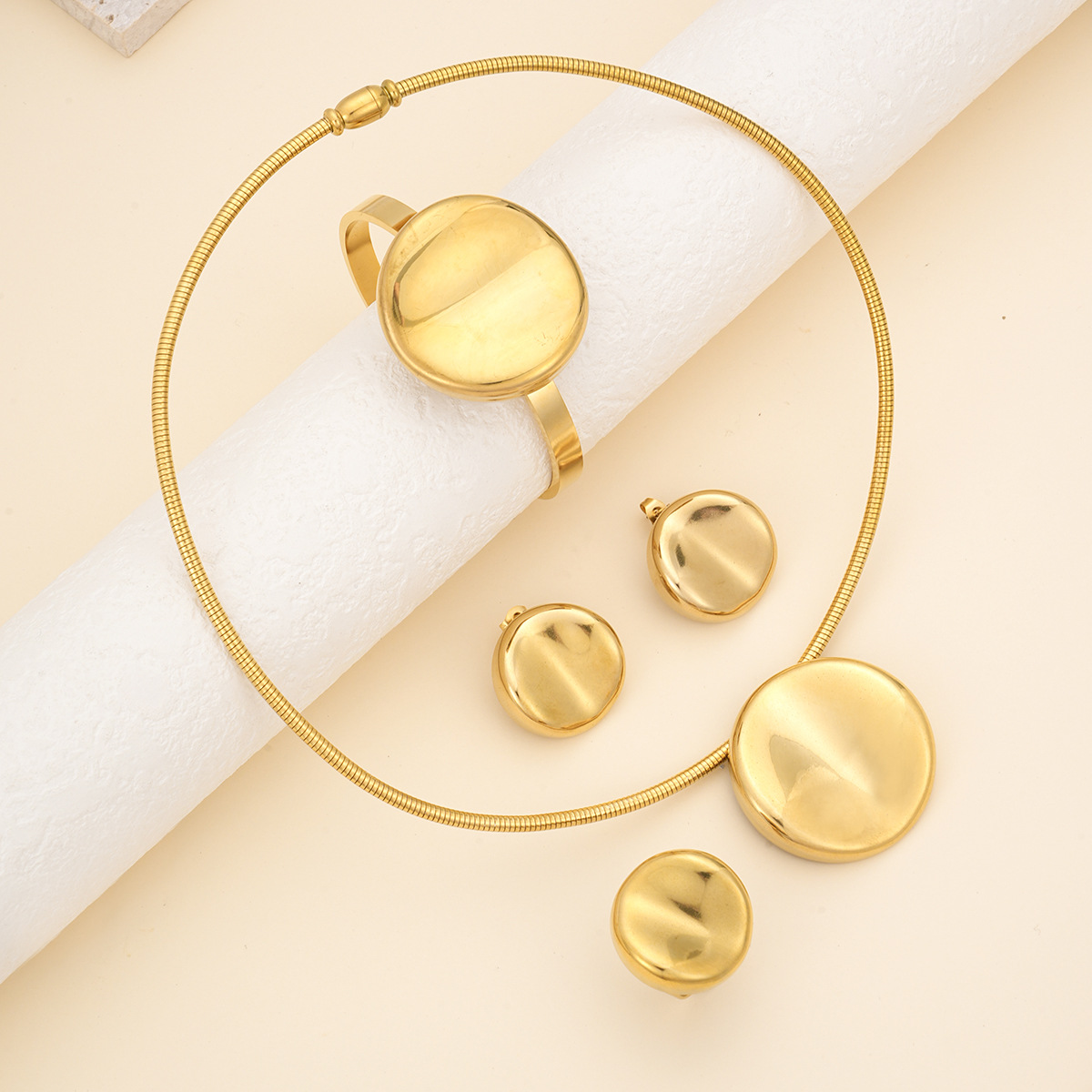 European and American Cross-Border Stainless Steel Jewelry Set Simple Design Round Geometric Collar Bracelet Earrings Ring Set