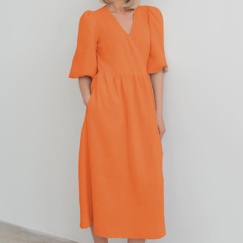 Picture of French Midi Skirt 2024 Summer New European and American Fashion Women's Lace-Up Short-Sleeved Puff-Sleeved Dress Summer Wrap Skirt