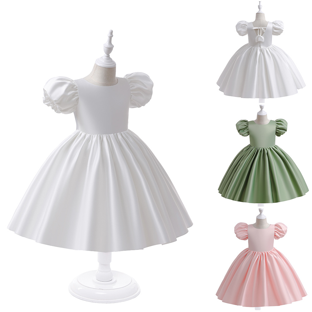Children's Dress Solid Color Princess Dress Girl's Satin dress Girl's Flower Girl's Wedding Dress Host Piano Performance Dress