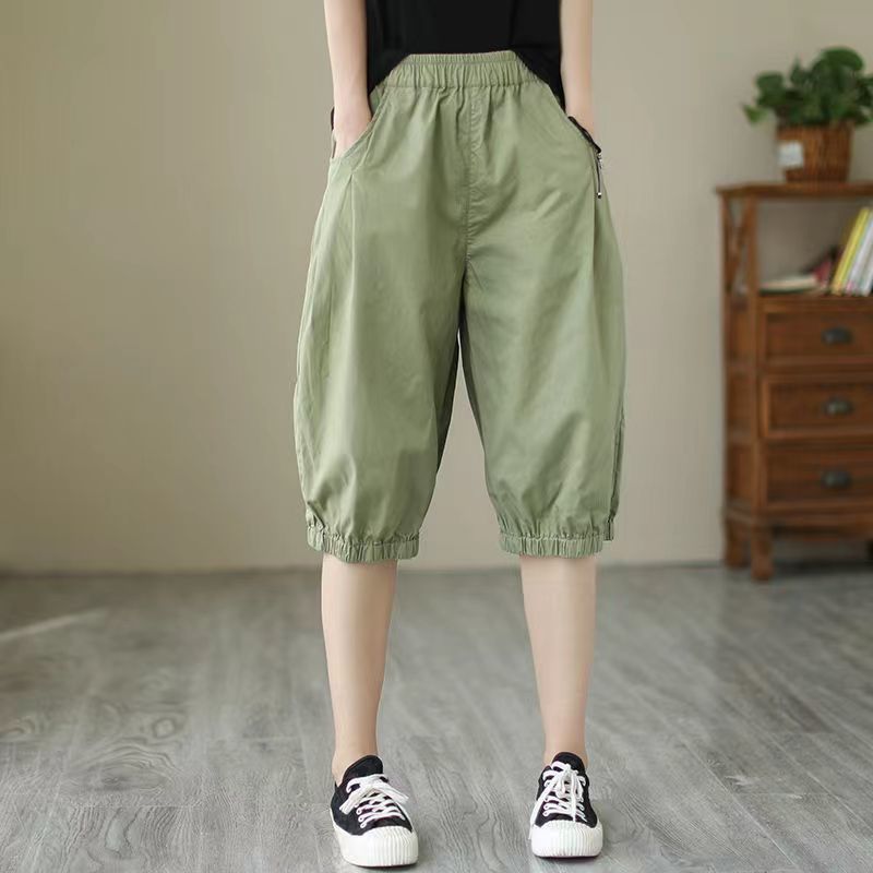 Cross-border Summer Thin Casual Shorts Women's Loose Large Size High-waisted Five-quarter Pants Wide-leg Elastic Waist Harem Pants Mid-pants