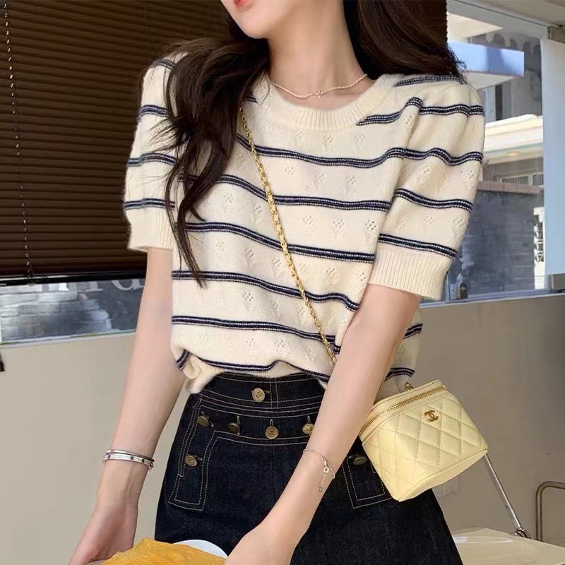 New Style with Fairy Design, Niche Striped Short-Sleeved Shirt for Women, Loose Short Top, Cool Silk
