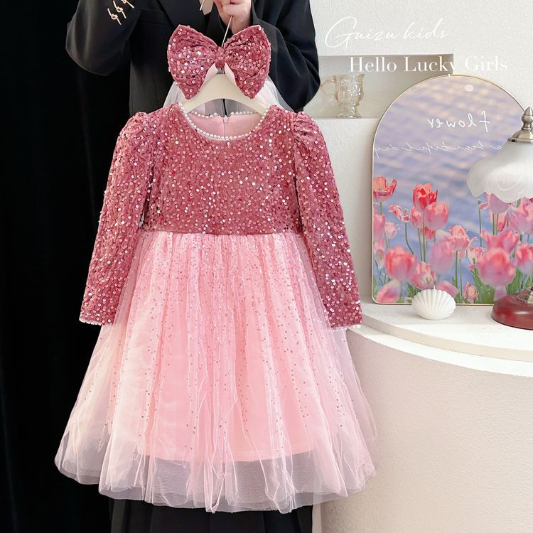 New Autumn and Winter Girls Sparkling Sequins Princess Dress Pink dress Birthday Dress Show Tutu Dress Mesh
