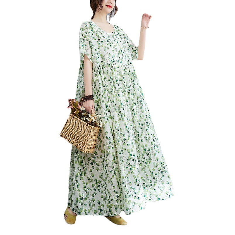 Chubby Girls Plus Size Women's 2023 Summer Loose Vintage Age-reducing Printed Flesh Covering Big Swing Robe Cotton Linen Dress