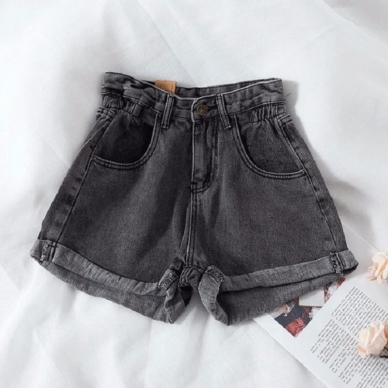 Picture of Elelasticated High Waist Denim Shorts Women's Slim Look Summer 2021 New Korean Style Loose Wide Leg Pants Student Curling Hot Pants Trendy