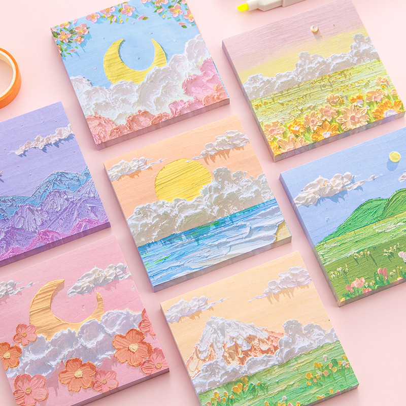 Picture of Korean version of ins landscape oil painting Three-dimensional Post-it notes high color value hand note paper sticky Japanese notepad