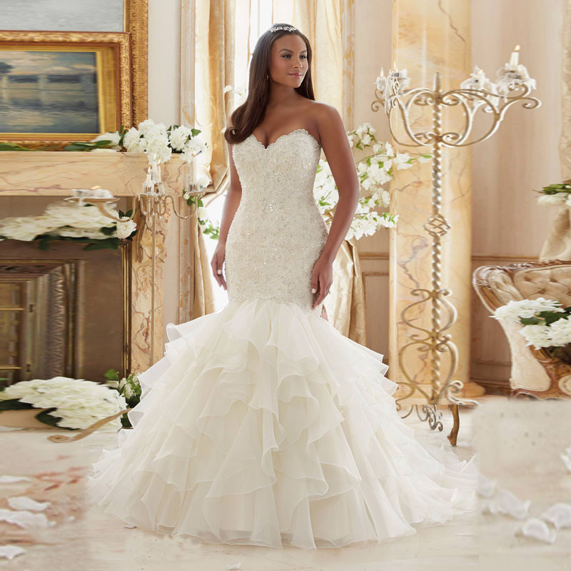 Sewing Beaded Lace Bridal Wedding Dress Tube Top Fishtail Tutu Skirt White Organza Ruffled Light Luxury Wedding Dress