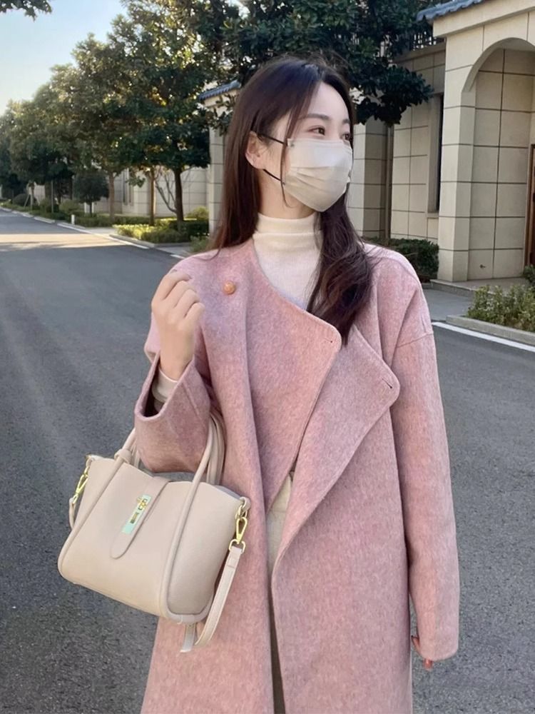 High-end Hepburn Style Pink Woolen Coat Women's Autumn and Winter New Korean Style Loose Slimming Woolen Coat for Petite