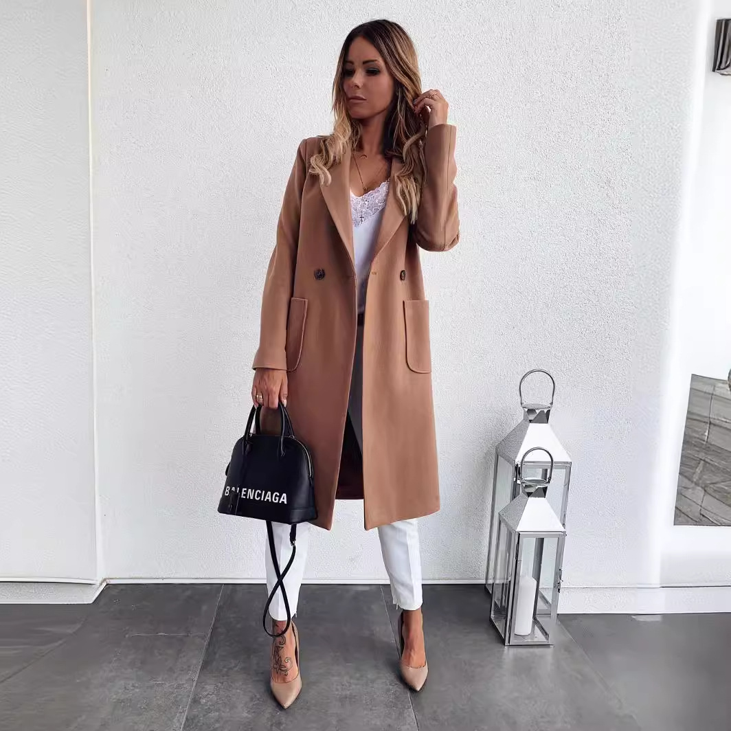 Picture of Ebay AliExpress wish Explosions Europe and America Best Selling Candy Color Lapel Long Coat Woolen Coat Windbreaker Women