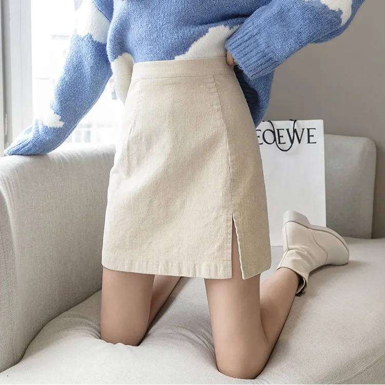 Corduroy short skirt autumn and winter skirt new A- line high waist slimming Girl m split one-step skirt hip skirt
