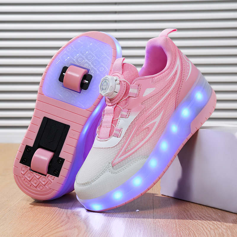 Trendy Children's Wheeled Invisible Self-Balancing Shoes Single Wheel Double Wheel Skates Double Wheel Transforming Shoes Automatic Button Retractable