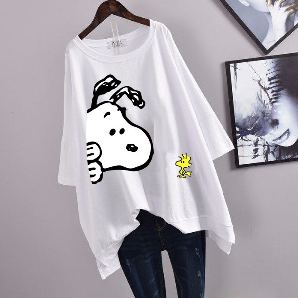Picture of 100kg Plus Size Women's Summer Leaf Print Casual Slit Mid-Length Short Sleeve T-Shirt Loose Oversized Style