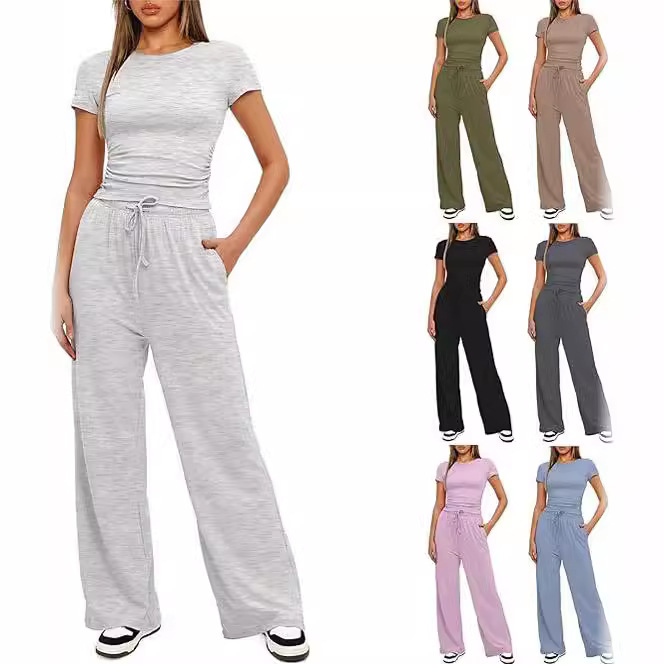 Fashion 2024 spring European and American style women's polyester half sleeve fashion casual suit factory wholesale