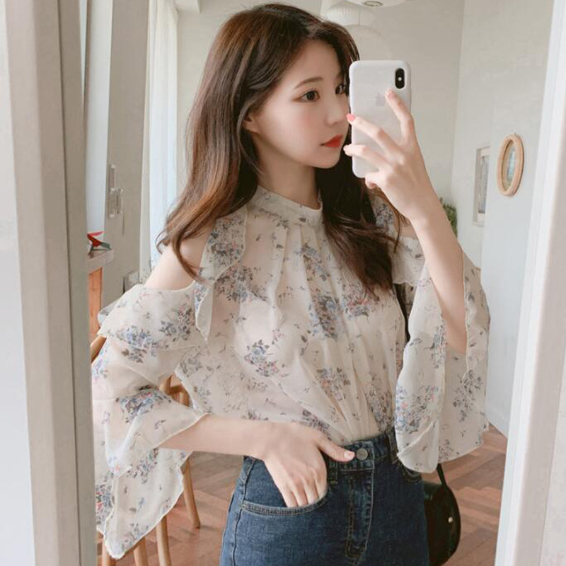 Picture of 2025 Spring/Summer New Korean Fashion Off-Shoulder Lady Print Flared Long-Sleeve Chiffon Blouse Women's Shirt