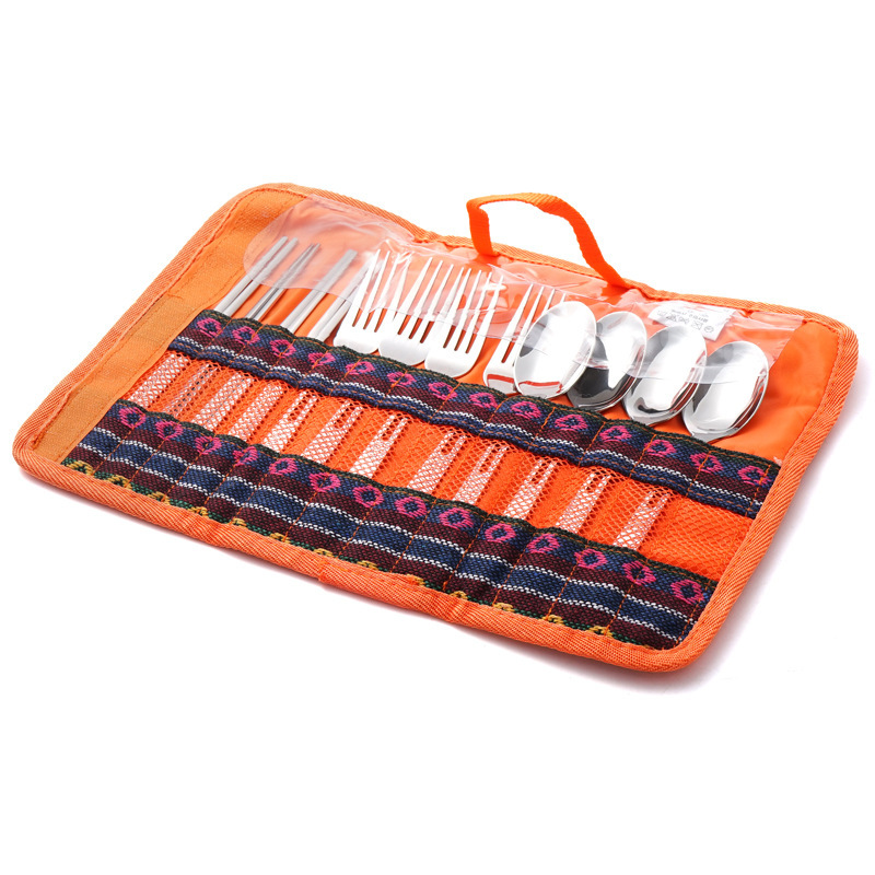 Picture of Outdoor Tableware Set Camping Barbecue 4 Person Tableware Portable Stainless Steel Spoon Chopsticks Fork Travel picnic bag