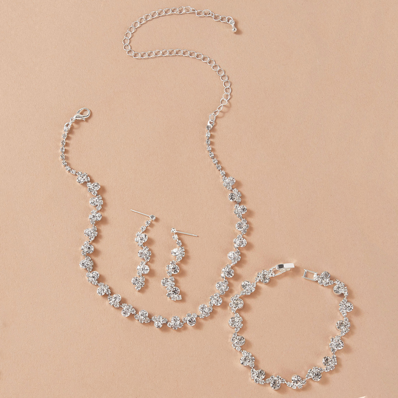 Korean Fashion Bridal Accessories Silver Diamond Necklace Earrings Bracelet Three-Piece Set Wedding Accessories N5567