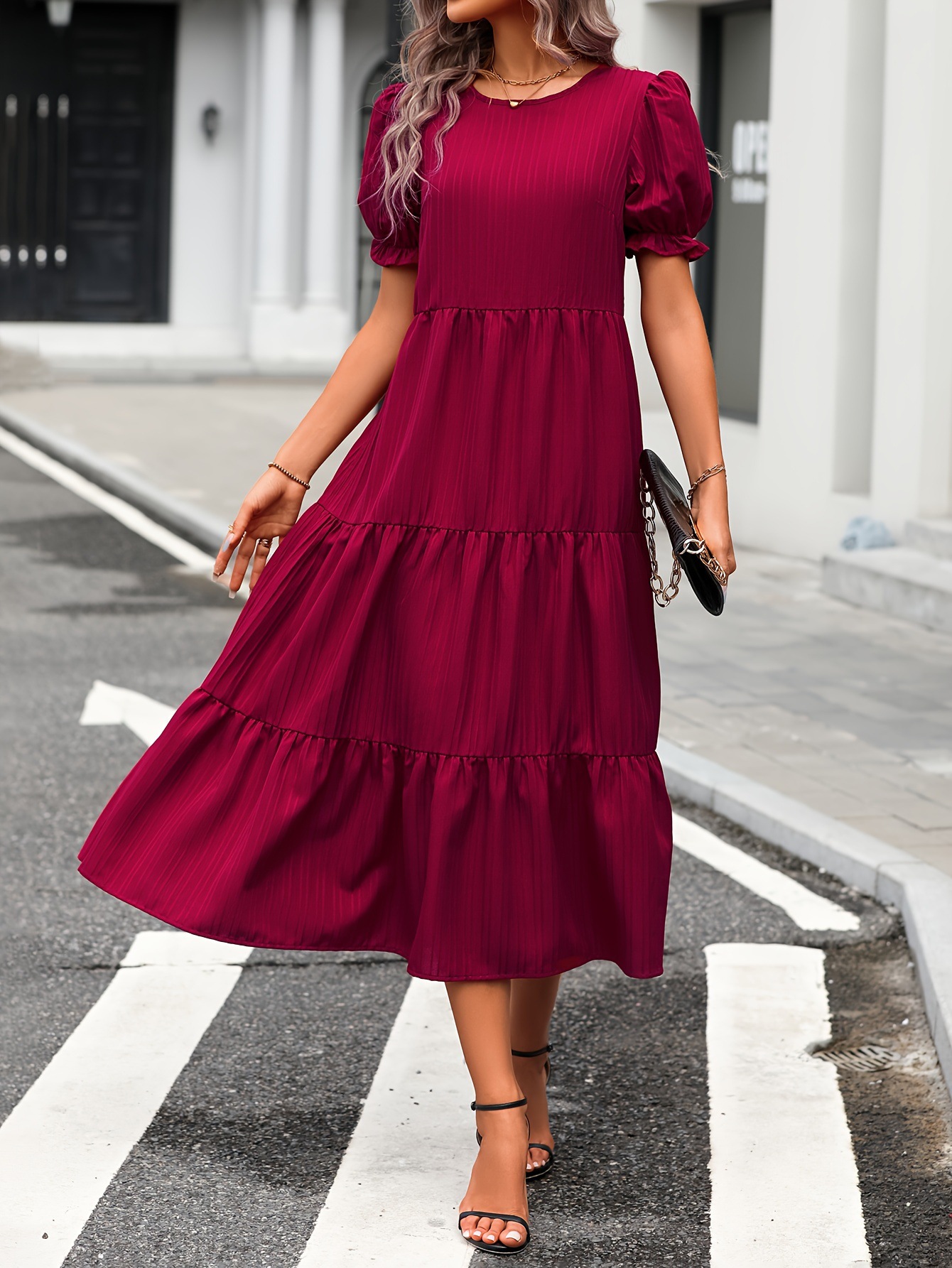 2024 Cross Border Women's Summer Casual Puff Sleeves Texture Bohemian dress Pleated Puff Sleeves