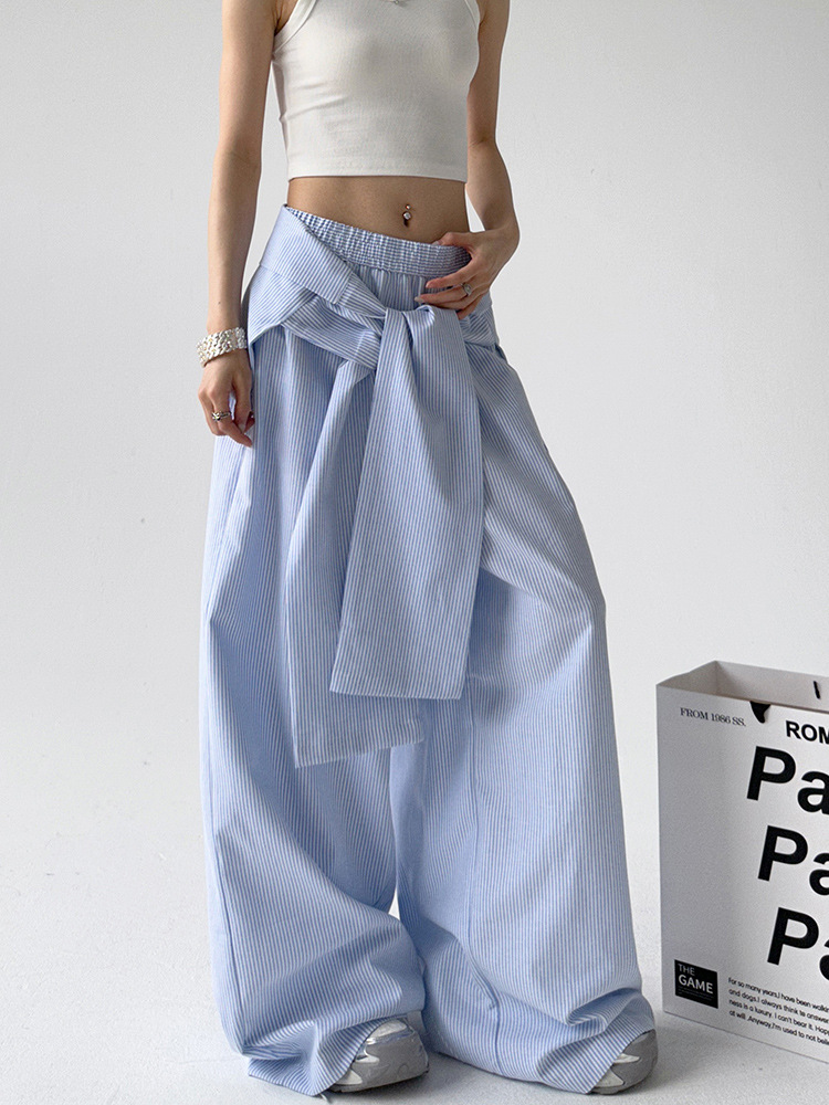 Picture of Foreign Trade Hot Sale Blue Striped High Waist Casual Pants Spring and Autumn Strap Waist Seal Design Loose Wide Leg in stock Trousers