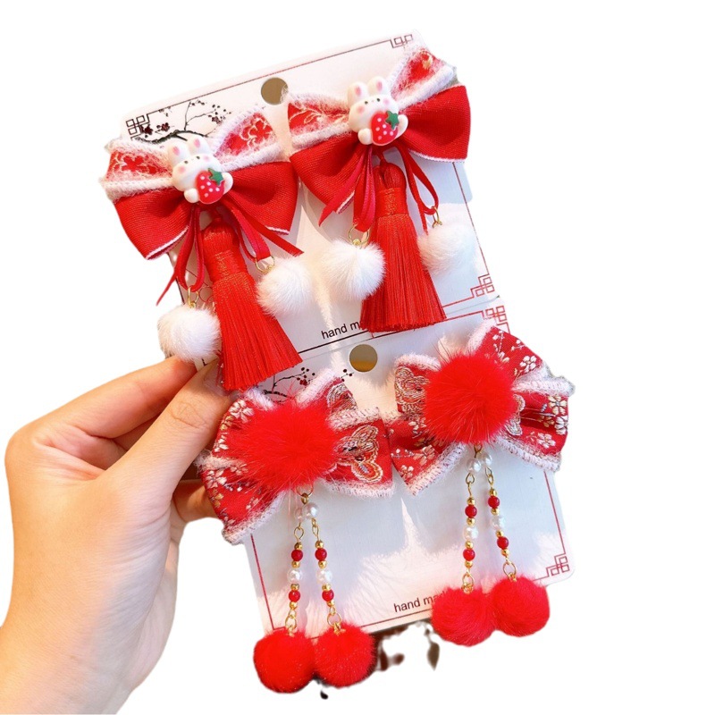 New Year Hanfu Hairpin Little Girl Happy New Year Plush Hairpin Girl Bow Hair Accessories Baby Antique Headwear