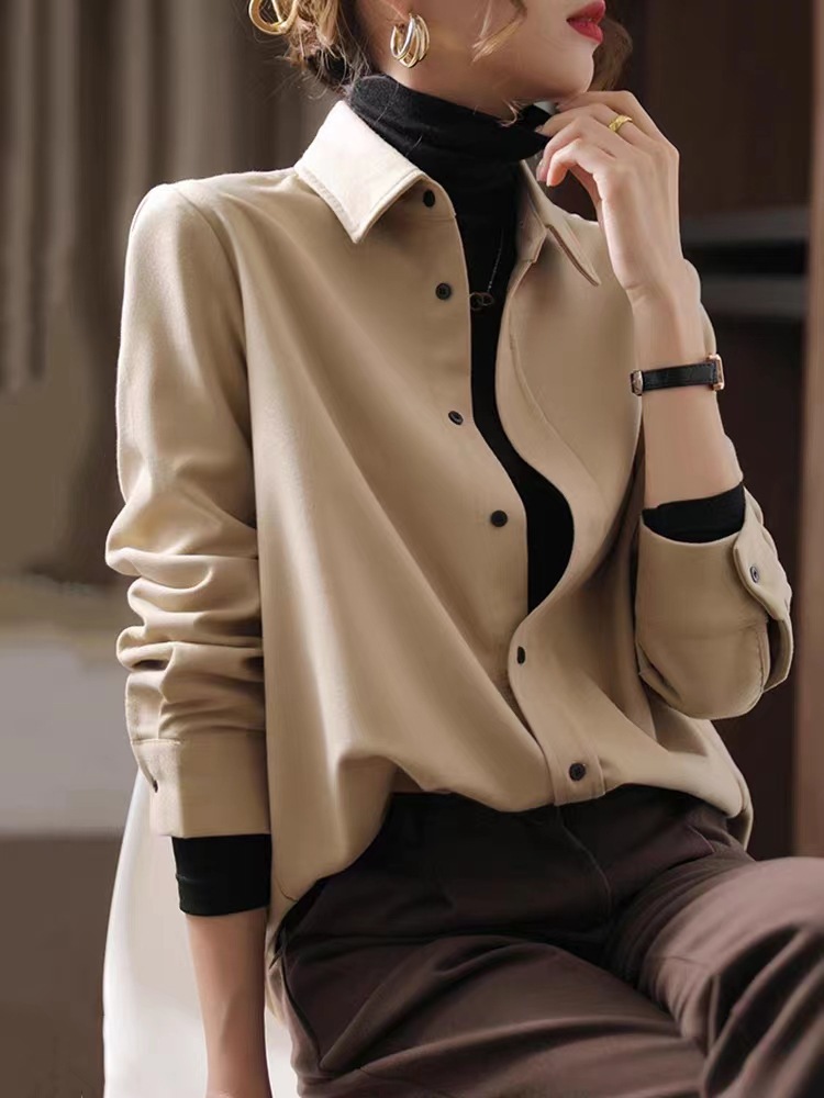Picture of Vintage Hong Kong Style Sanding Thickened Stacked Shirt Women's Fashion Commuting Loose Slimming Long Sleeve Outer Shirt