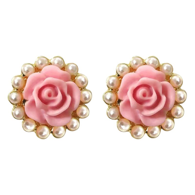 925 silver needle elegant elegant pink rose stud earrings 2023 new high-grade sweet bead earrings for women