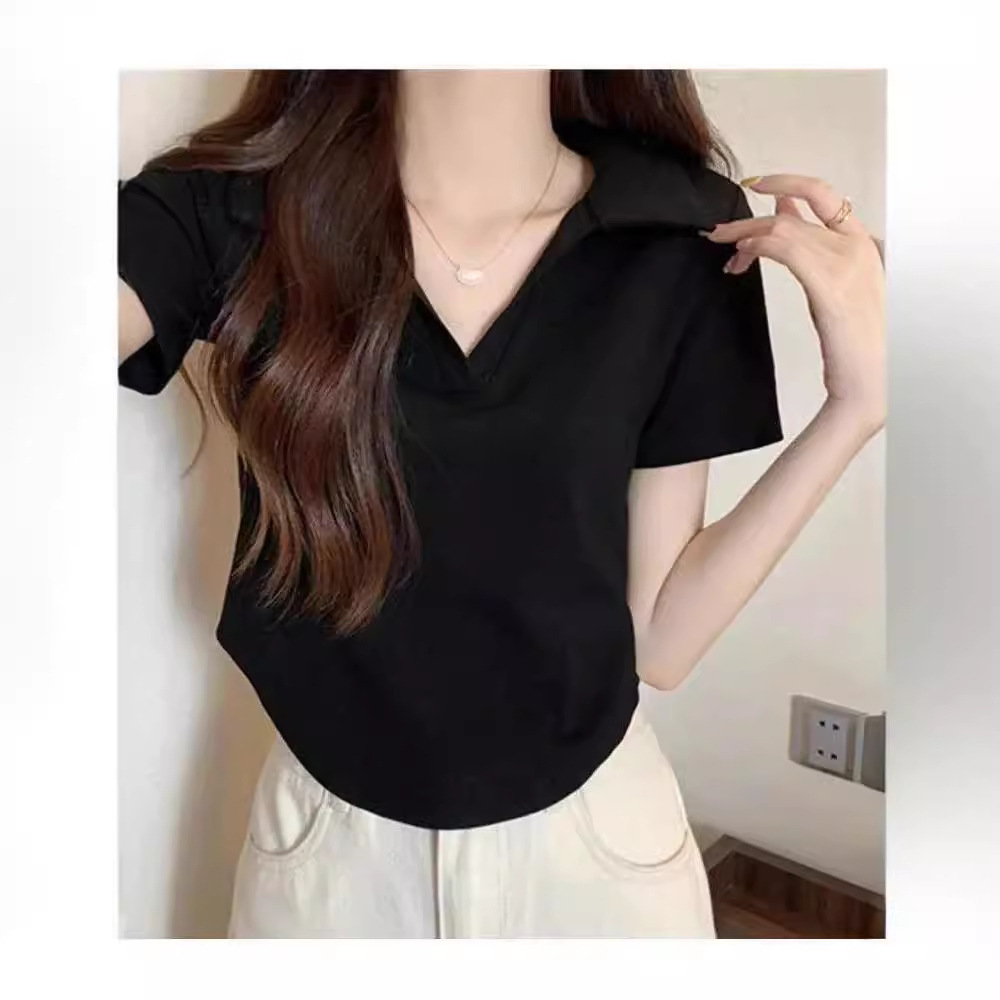 Polo Collar Shoulder Short-sleeved T-shirt Women's Summer New Slim-fit Pure Desire Short Spice Girl Irregular Top Trendy