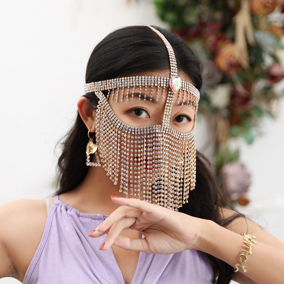 Belly Dance Metal Diamond Chain Veil Stage Nightclub Mask Indian Dance Mask Western Style Headwear Female Face Covering
