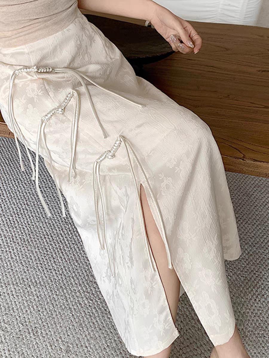 National Style Jacquard Hip Skirt for Women New High Waist Pure Color Chinoiserie Buckle Slit Straight Mid-length One-step Skirt