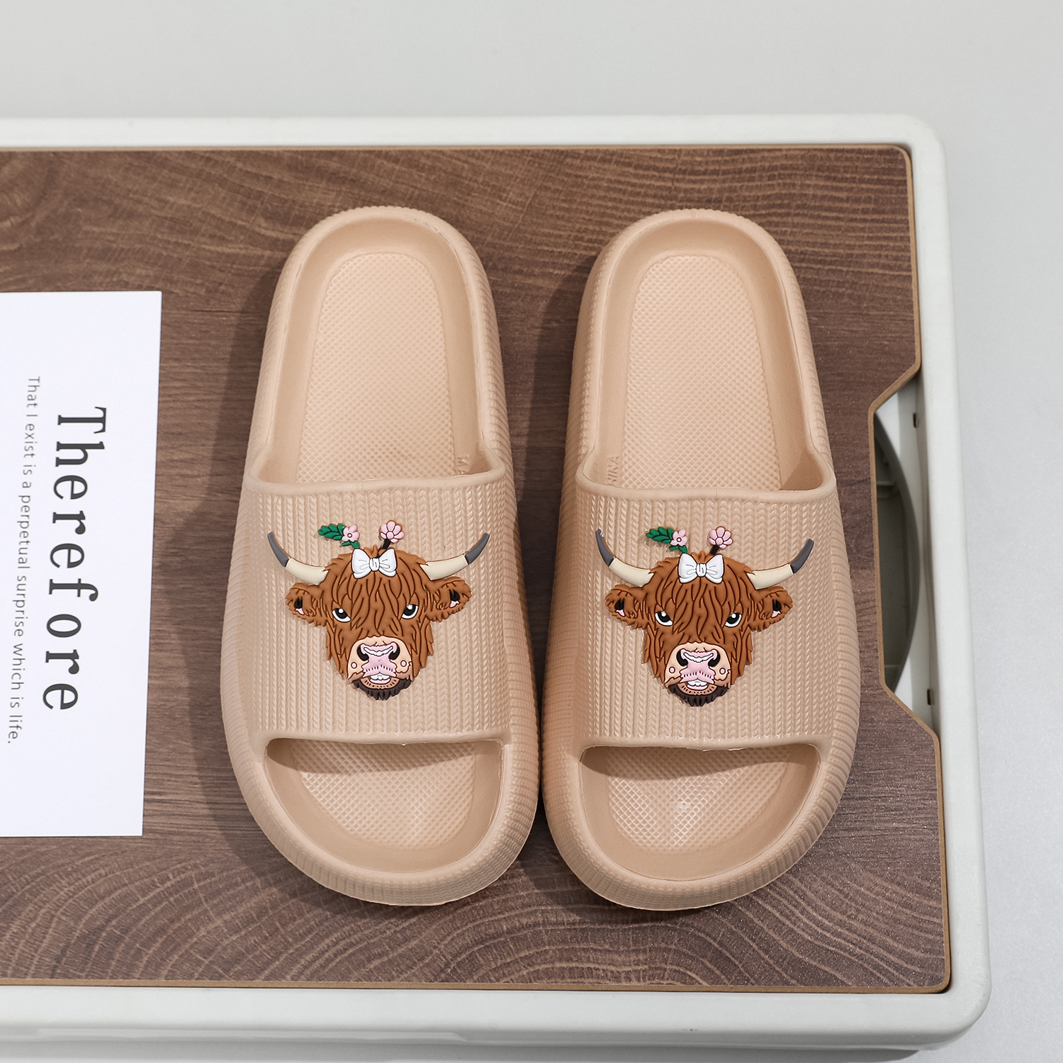 Ins Highland Cow Thick-Soled Slippers for Women Summer Indoor and Outdoor Eva Soft-Soled Slippers with Poop Feeling Ready-Made Wholesale Export Shoes