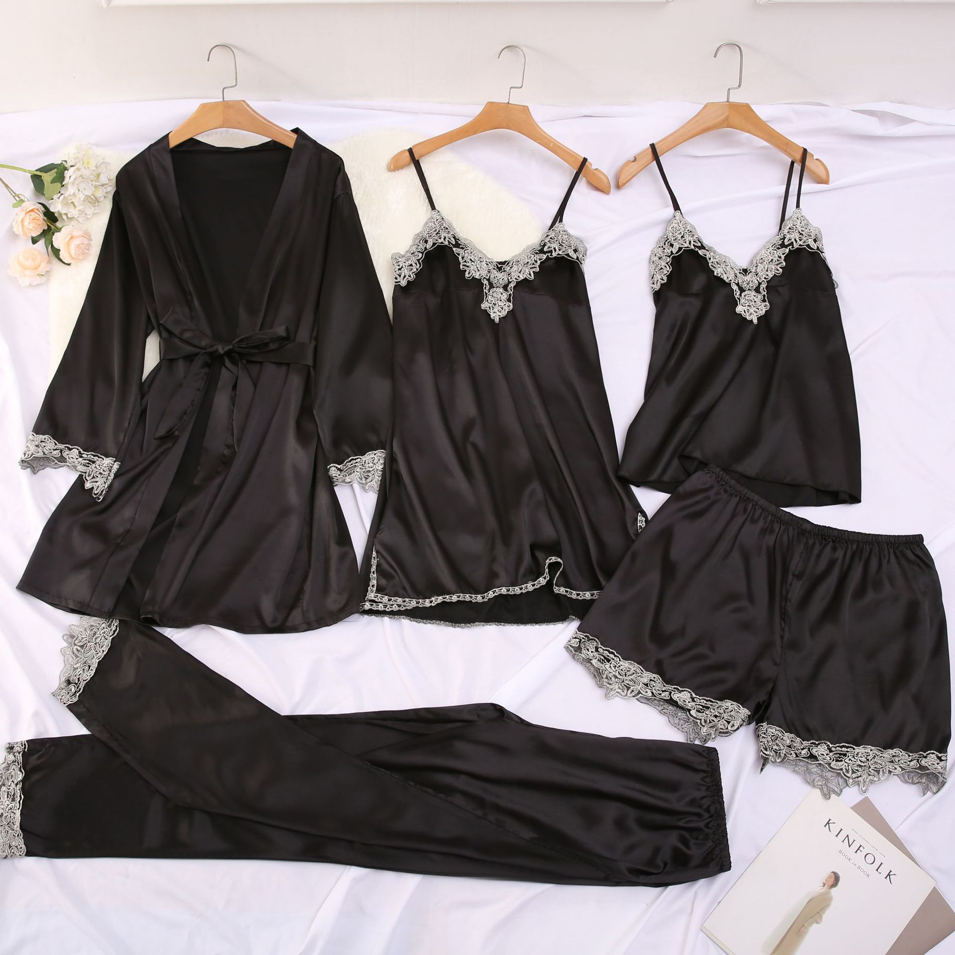 New European and American Style Five-Piece Pajama Set, Sexy Lingerie, Sexy Nightgown, Women's Loungewear, Faux Silk, Casual and Comfortable