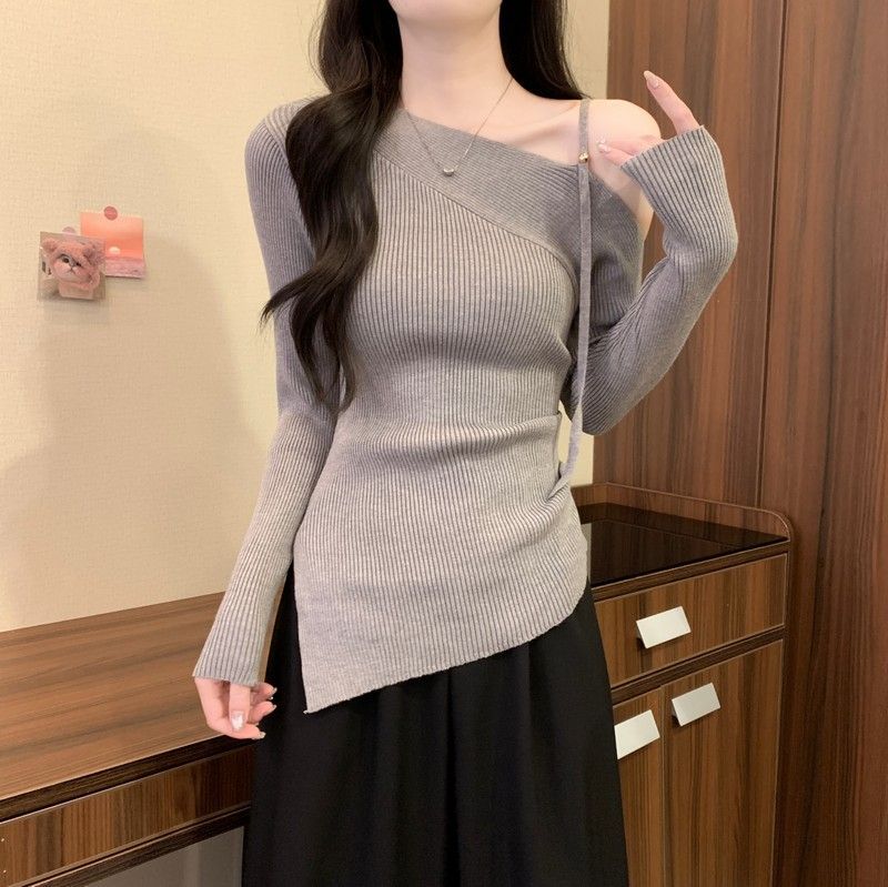 Picture of Bashi red one-line slanted shoulder knitted base jacket women's autumn outfit autumn and winter Angora red boss sweater with top underneath