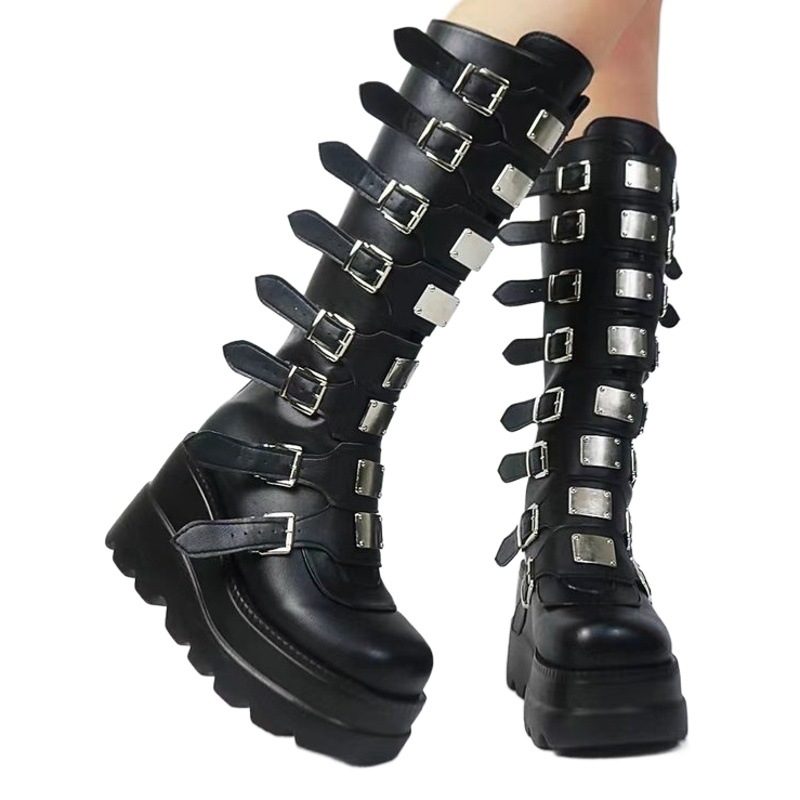 Independent station Foreign trade boots 2023 new European and American metal buckle with thick bottom high boots Women's Amazon plus size women's boots
