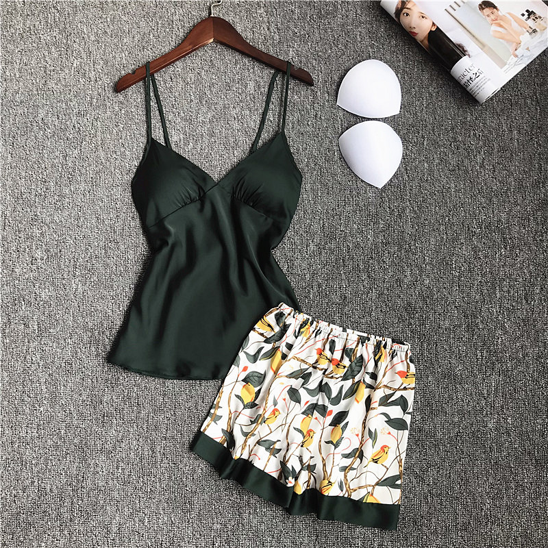 Pajamas women's summer sexy backless ice ribbon chest pad strap printed shorts pajamas suit home wear two-piece suit