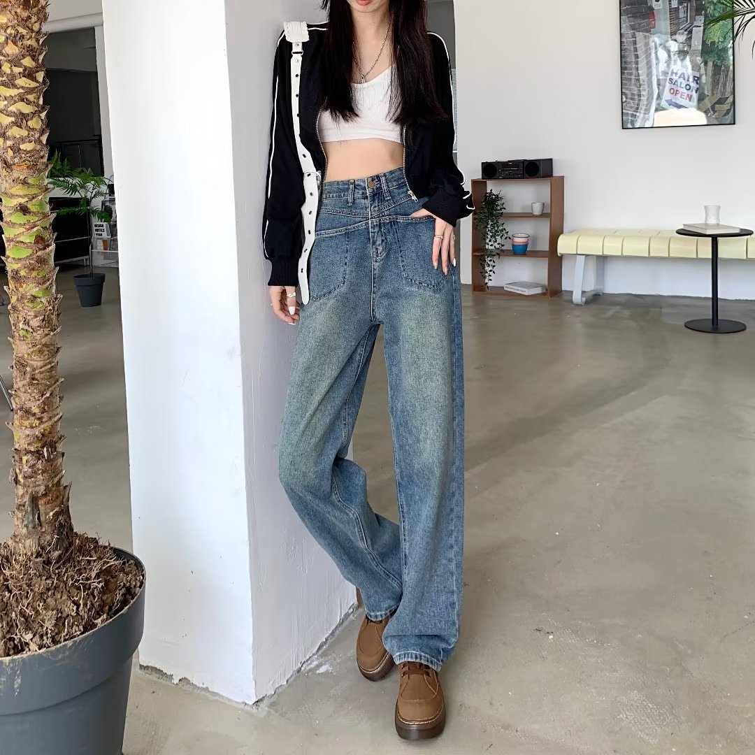 Picture of Blue Narrow Wide Leg Jeans Women's Spring and Autumn New High Waist Loose Dipping Hong Kong Style Straight Trendy Pants