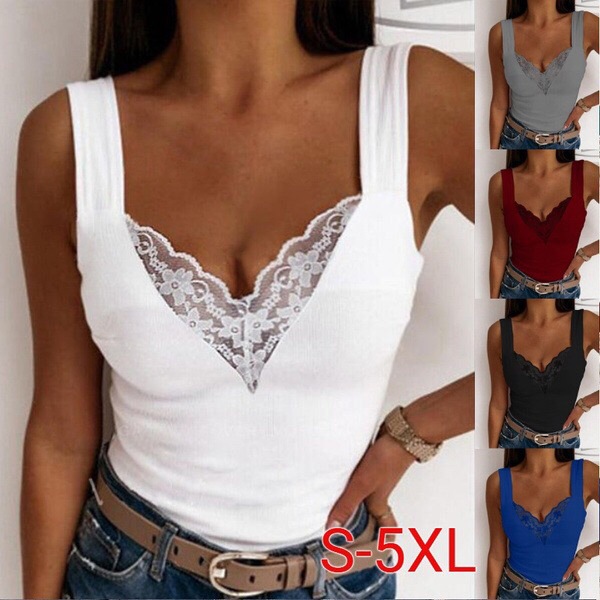 2024 Europe and the United States cross-border foreign trade women's clothing Amazon plus size fashion casual suspenders sexy lace top T-shirt women