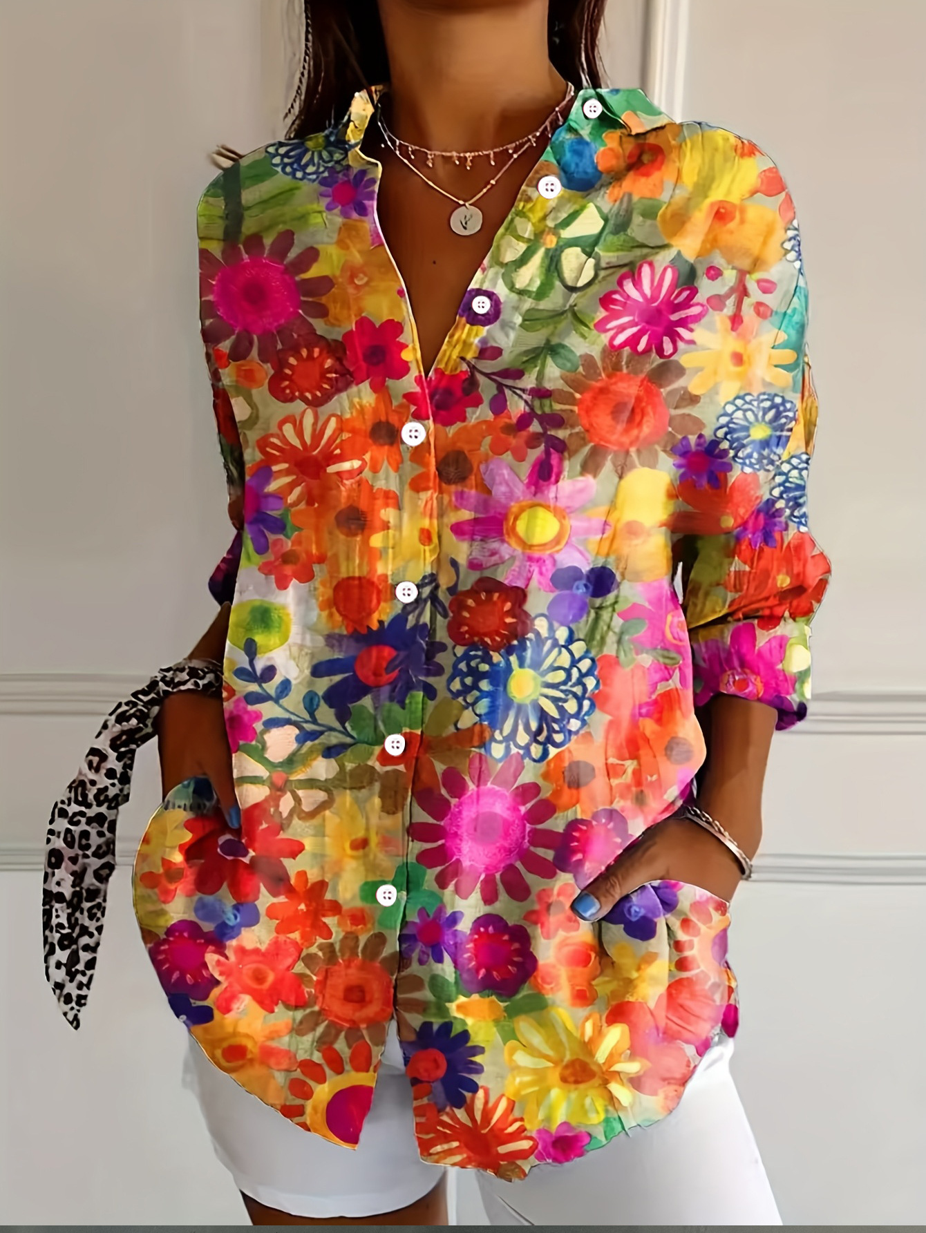 European and American Cross-border Amazon 2025 Spring and Summer New Women's Button Printed Casual Shirt Top
