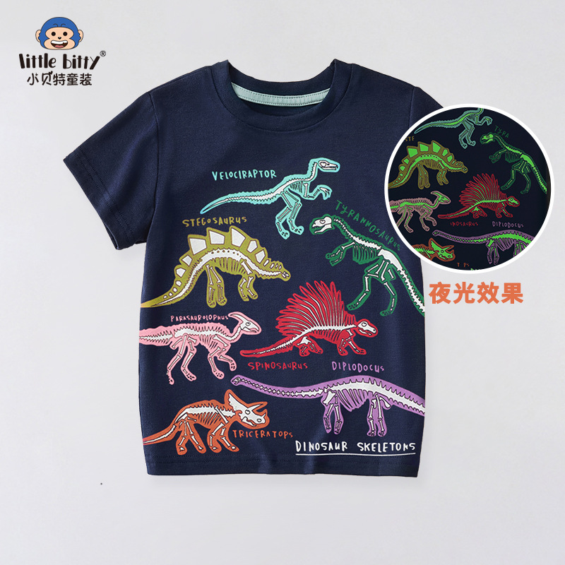 European and American Boys Round Neck Short-Sleeved T-Shirt 2025 New Summer Kidsren's Dinosaur Luminous Printed Tops Kidsren's Clothing Wholesale