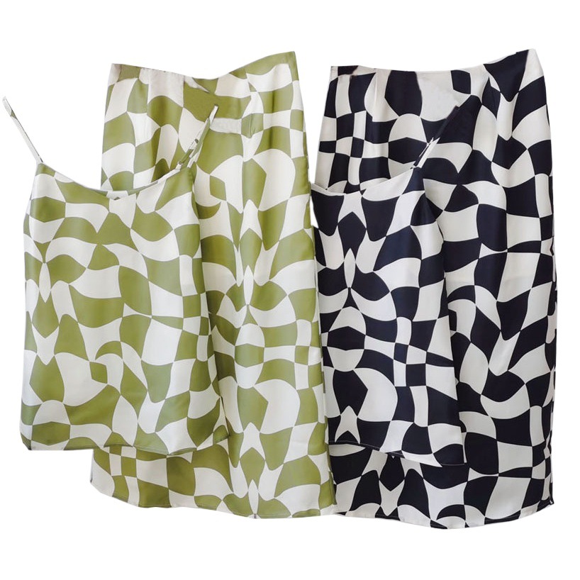 Big Sale Spring and Summer Pop Pattern Printed Two-Color Silk Twill Adjustable Suspender Mulberry Silk Skirt Suit